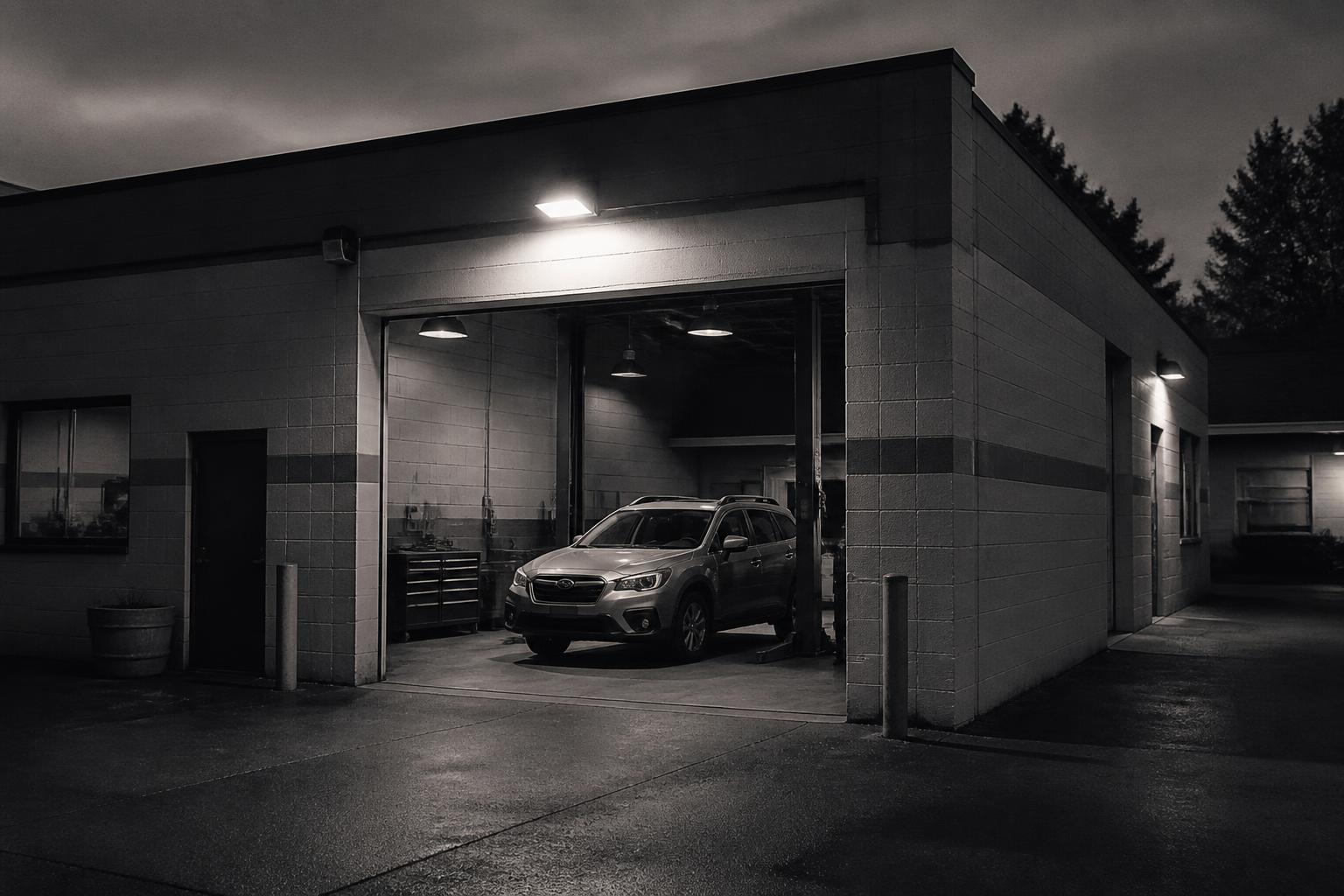 Black and white plate of an independent Subaru service garage at dusk