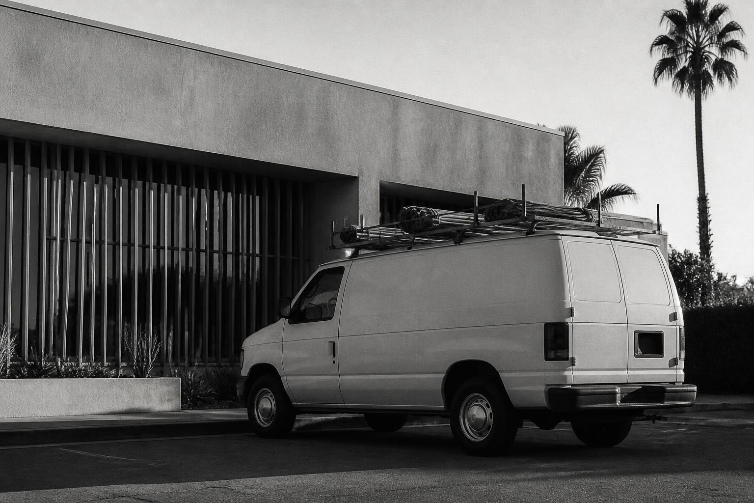 Black and white plate of an electrician service van outside a mid-century California building
